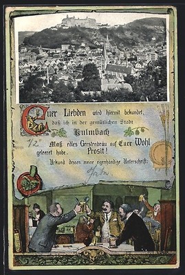 Greeting cards postcard Kulmbach, city panorama, men with beer at the regulars' table 