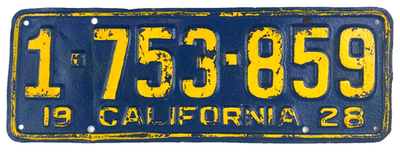 Vintage 1928 California Reconditioned Auto License Plate 1-753-859