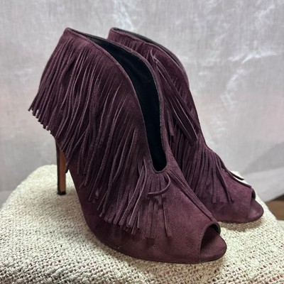 Vince Comuto Plum Suede Fringe Peep-toe Booties Size 8