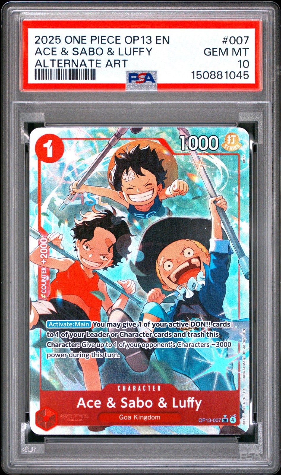 One Piece Ace & Sabo & Luffy Alternate Art OP13-007 PSA 10 Gem Mint