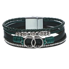 Leather Wrap Bracelets, Hand Woven Multilayer Stackable Boho, Dark Green