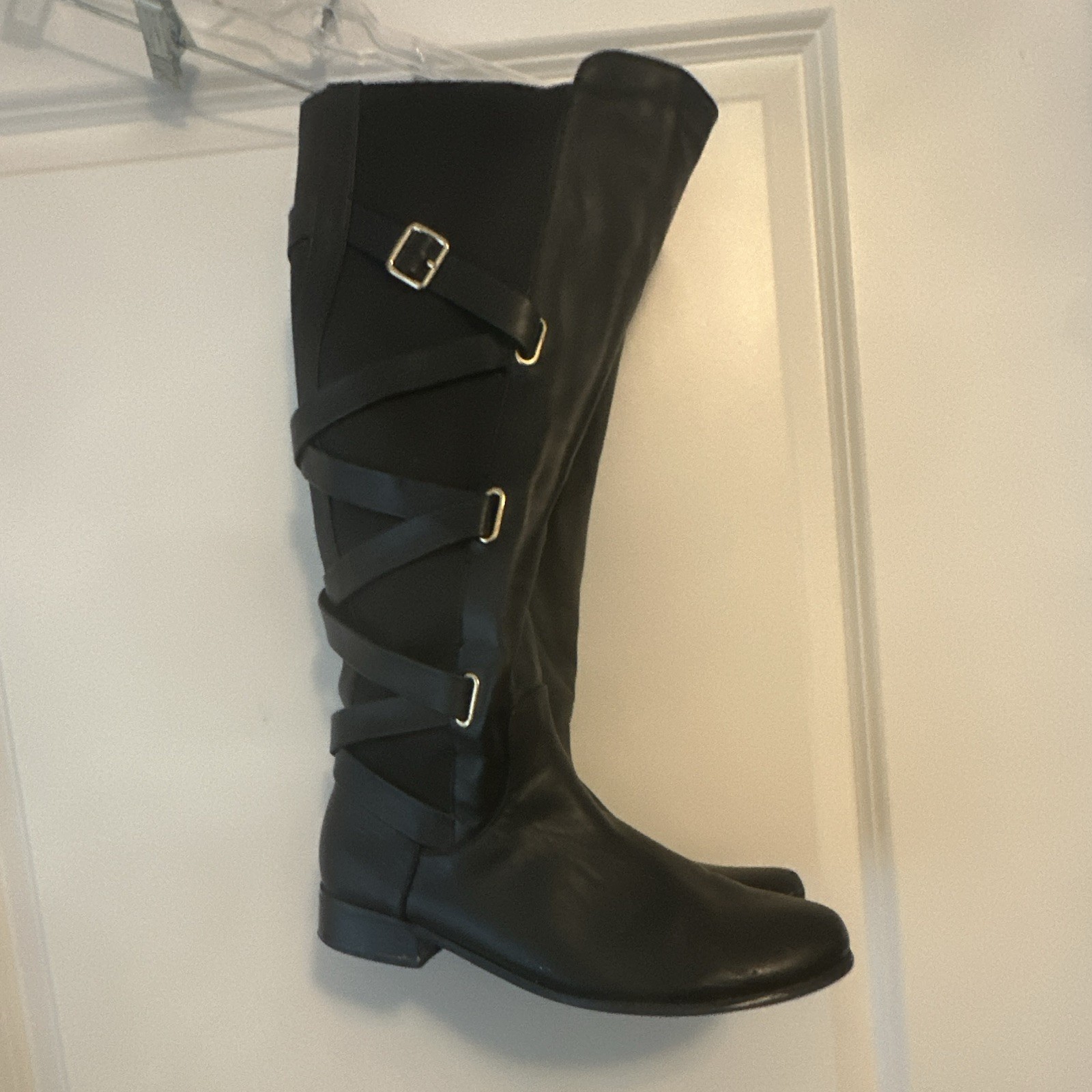 Ellia Women’s Black Knee-High Riding Round Toe Strap Buckle Boots Size 10