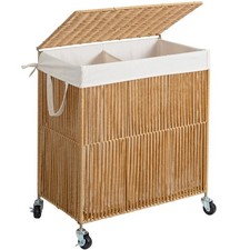 WOWLIVE Laundry Hamper with Wheels, Handwoven Rolling Laundry Basket with Lid...