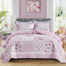 Patchwork Quilt Set Twin Size,2 Pieces Pink White Green Floral Plaid Reversib...
