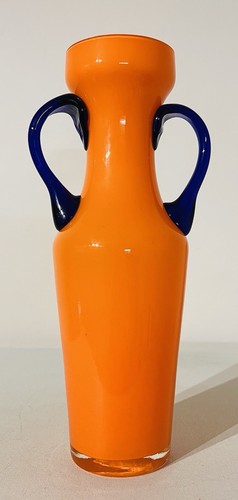 Vintage Czech Bohemian Tango Glass Vase Orange & Cobalt Blue Handles - 第 1/5 張圖片