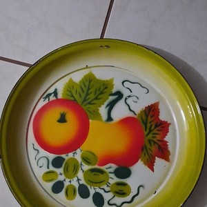 Large Vintage Round Metal Serving Tray, Glossy Fruit Pattern, Stackable