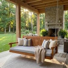 6 FT Wooden Porch Swing Bed with Thick Cushion, Outdoor Hanging Daybed for Patio