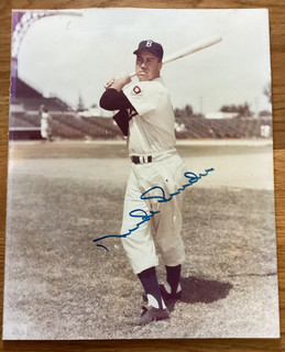 DUKE SNIDER AUTOGRAPHED BROOKLYN DODGERS 8x10 VINTAGE GLOSSY SWINGING REAL PHOTO