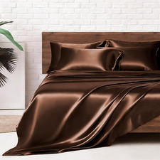 Queen Satin Bed Sheets 6 Pc Silky Bedding Set 15 Deep Pocket Brown