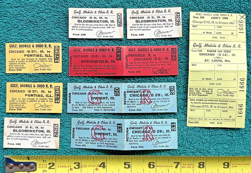 9 Gulf Mobile & Ohio Railroad Tickets GM&O Railway Bloomington Springfield IL