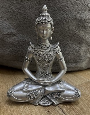 SILVER  MEDITATING BUDDHA HOME DECOR STATUE  11'' TALL