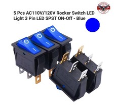 5 Pcs Ac110v120v Rocker Switch Blue Light 3 Pin Led Spst On-off Usa Shipping