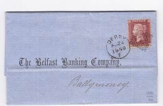 1860 QV FINE 1d PENNY RED STAMP ON DERRY IRELAND BANKING WRAPPER TO BELFAST BANK
