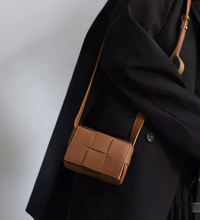 NEW Mini Square Braided Cassette Style Bag,Woven Crossbody Shoulder Purse, Brown