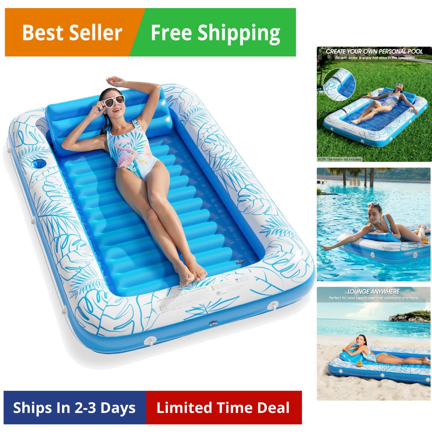 Flotador inflable para tumbona de bronceado - 4 en 1 bañera para tomar el sol piscina Lo...