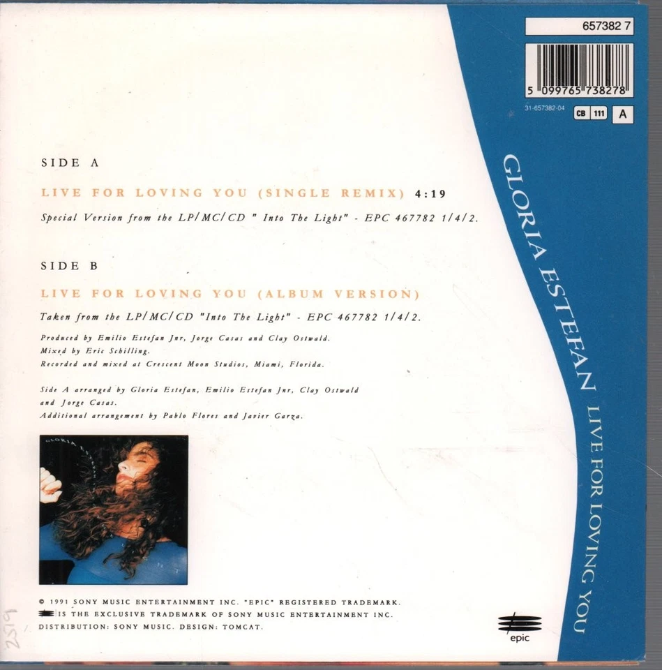 Gloria Estefan Live For Loving You 7" vinyl UK Issue Pressed In Netherland Epic - Image 2 of 3
