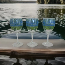 Luminarc Summer Leaves Wine Glasses Set of 3 Clear w Blue and Green 6ozs