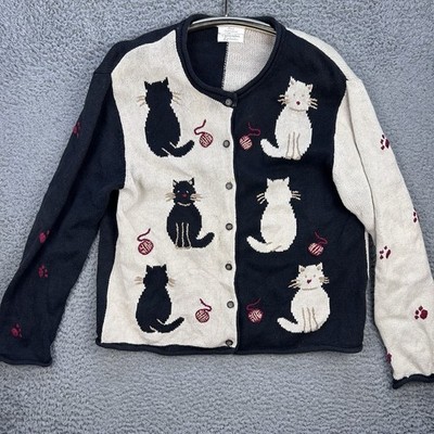 Vtg Christopher Banks Cat Mouse Sweater Womens XL Black Tan Cottagecore Grandma
