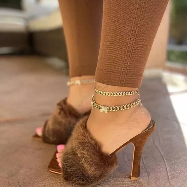 Women s Fashion Peep Toe Faux Fur High Heels Slip On Stilettos