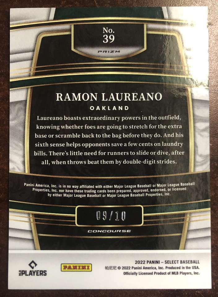 Ramon Laureano 2022 Select Gold Prizm Parallel Color Match SP #09/10 Oakland A's - Image 2 of 3