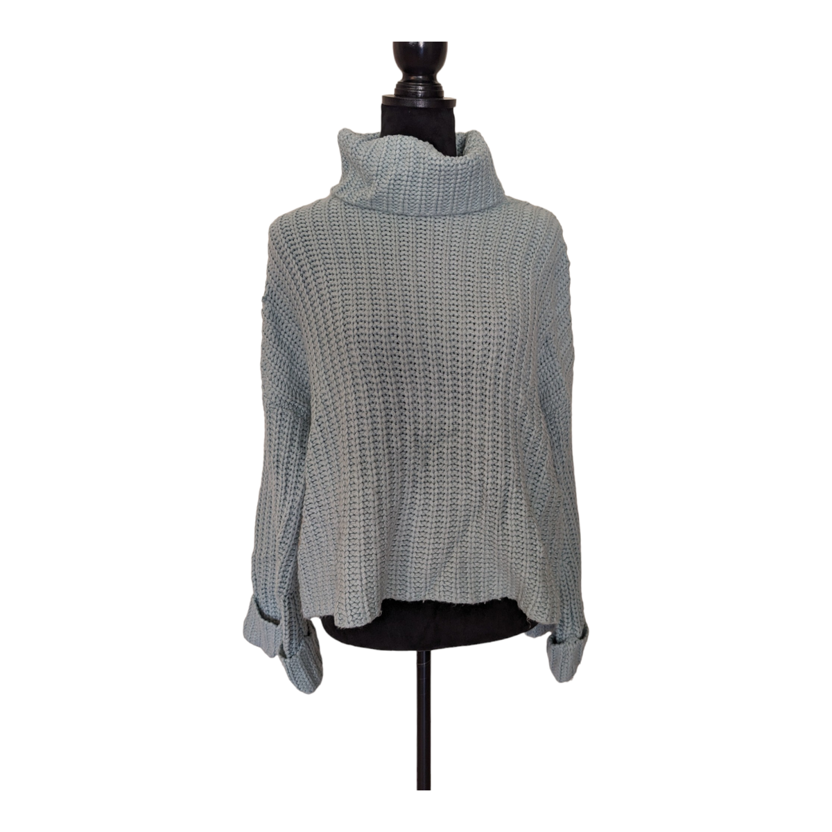 525 America Size Medium Chunky Knit Turtleneck Sweater Dusty Blue Bell  Sleeves