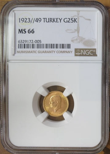 1923/49 (1972) Turkey Gold 25 Kurush NGC MS 66 Highest Grade