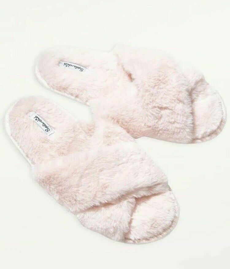Splendid Pink Faux Fur Criss Cross Slippers Size M/L Fabfitfun | eBay