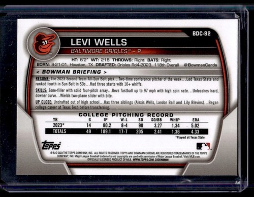 2023 Bowman chrome saphir QTY Levi Wells Baltimore Orioles #BDC-92 - Photo 2 sur 2