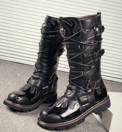 Botas para Hombre Punk Bota Moto Cuero Hebilla Correas Mitad de Pantorrilla  Casual Knight | eBay