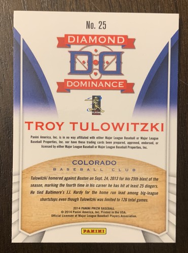 2014 Panini Prizm Diamond Dominance #25 Troy Tulowitzki - Picture 2 of 2