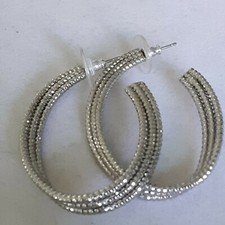 3 strand large silvertone textured shiny elongated hoop post pierced earrings