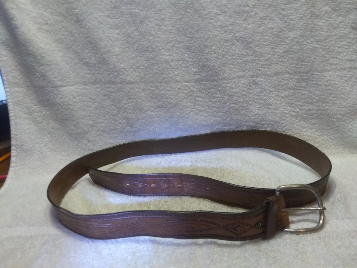 Brown Tooled Top Grain Leather Belt Silver Buckle Size 42  display picture 1