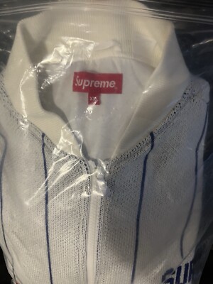SUPREME 23SS Pinstripe Varsity Zip Up Sweater Jacket White Blue