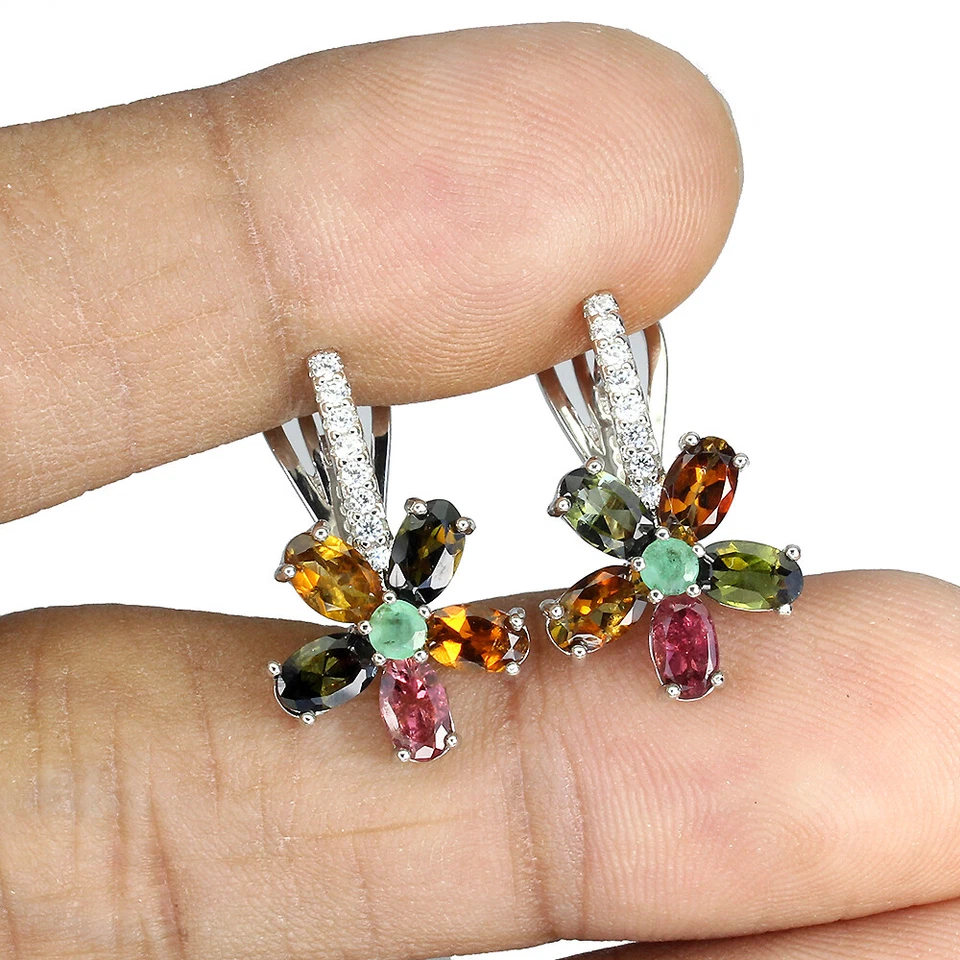 925 Sterling Silver Earrings Oval Tourmaline Emerald Natural Gemstone Jewelry - Image 2 of 4