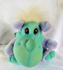 Vintage Purple Sitting Dragon 12" Plush Stuffed Animal w Horn Fluffy Hair Easter
