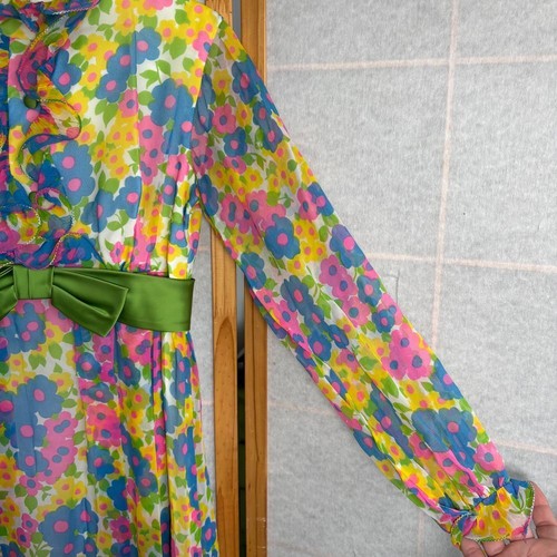 Vestido Floral De Colección Años 70 Groovy Mod Gasa Transparente Volantes Verde Lazo Talla 11 Retro - Imagen 6 de 16