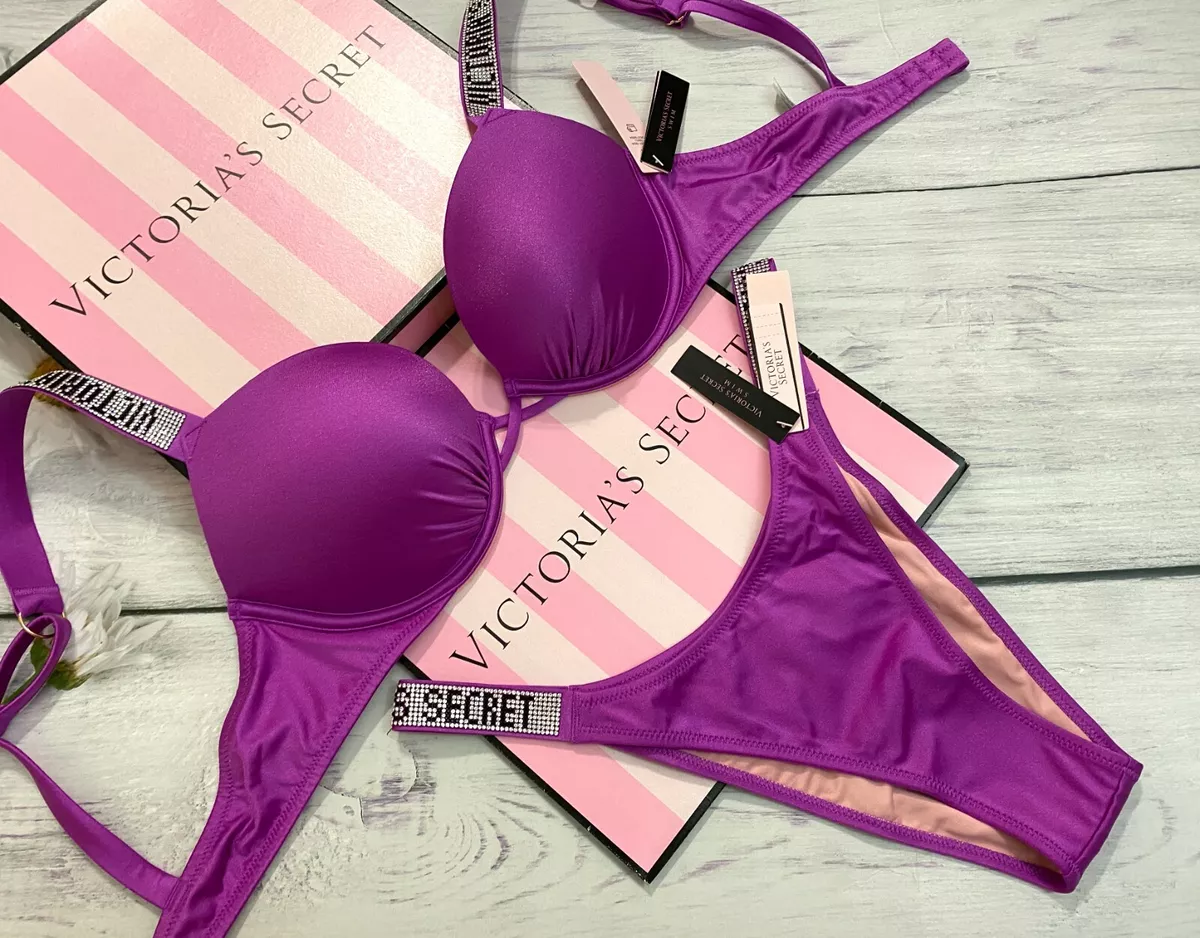 Victoria Secret Shine Strap Swim Brazilian Bombshell Add-2-cups Push-up Set Pink Victoria Secret Shine Strap Swim Brazilian Bombshell Add-2-cups Push-up Set Pink