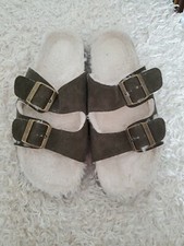 Double Buckle Faux Fur Olive Suede Slides Sandals Slippers Slip-On Women's 7/8M