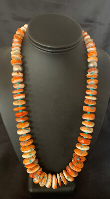 Womens Turquoise & Spiny Oyster Navajo Pearls Sterling Silver Necklace 12733