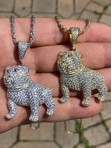 Authentic Solid 925 Silver & 14k Gold Plated Bull Dog Pendant Iced CZ Necklace Hip Hop