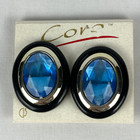 Coro Clip On Earrings Oval Royal Blue Faceted Lucite on Original Store Card Vtg