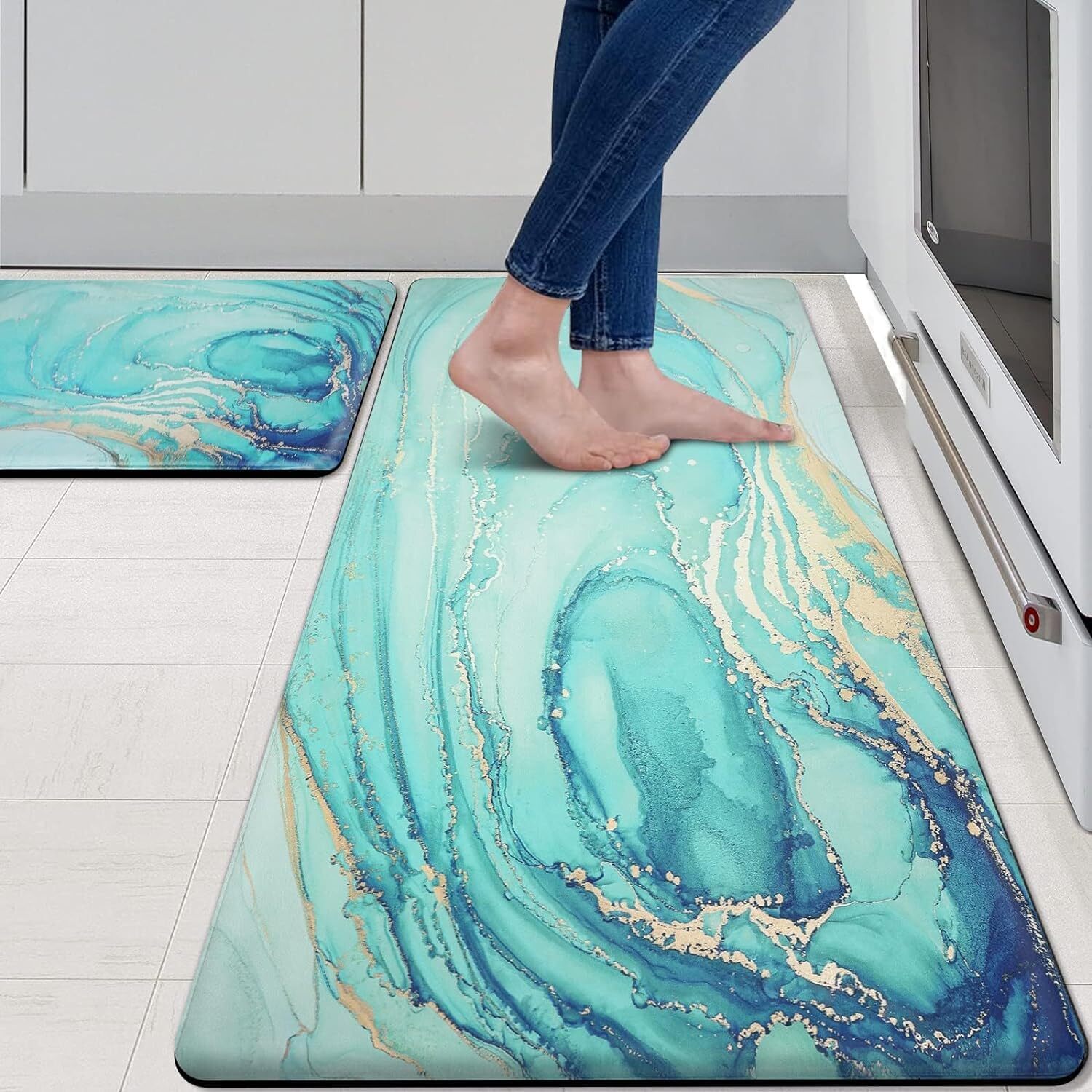 Kitchen Rugs and Mats Set of 2 Teal Marble Gold Anti Fatigue Mat PVC Non Slip...
