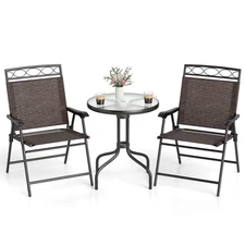 3 PCS Bistro Conversation Patio Pub Dining Set W/ 2 Folding Chairs & Glass Table