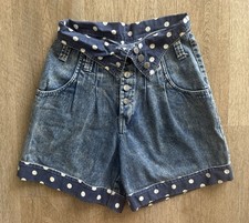 VTG 80-90  s Acid Wash Denim Jean Shorts High Waisted Pleated Cuffed Dots Size 3
