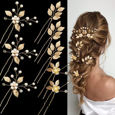 8PCS Gold Leaf Wedding Hair Pins Bridal Headpiece with Pearls Crystal Wedding Ha