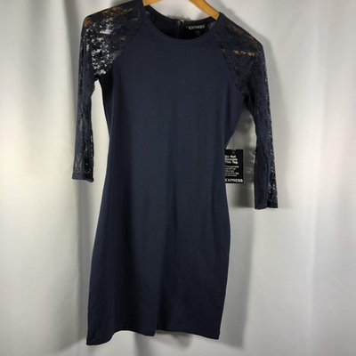 #ad NEW Express Dress Womens Small Navy Blue Lace Sleeve Cocktail Fitted Zipper $12.99