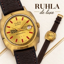 Ruhla de Luxe DDR Vintage Uhr Schachbrett-Zifferblatt Datum neues Armband L&auml;uft