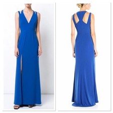 Halston Heritage Evening Gown Cobalt Blue Slit V-Neck Cutout Sz 0