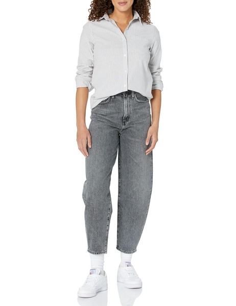 Amazon Essentials Damen Stretch Oxford-Hemd Langarm Knopfleiste Grau Streifen S-image