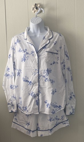 PETITE PLUME COTTON PAJAMA L/S TOP & SHORTS SET WHITE & BLUE FLORAL SIZE M *READ